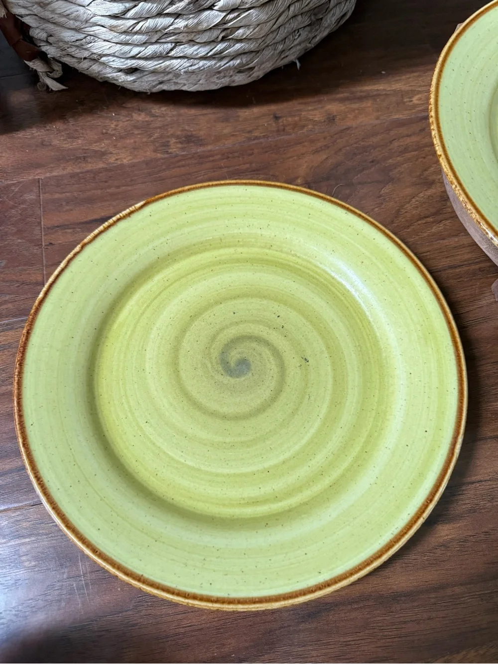 Set Of 3 Thomson Pottery  Amazon 10-5/8” Dinner Plates Green Swirl Brown Rim